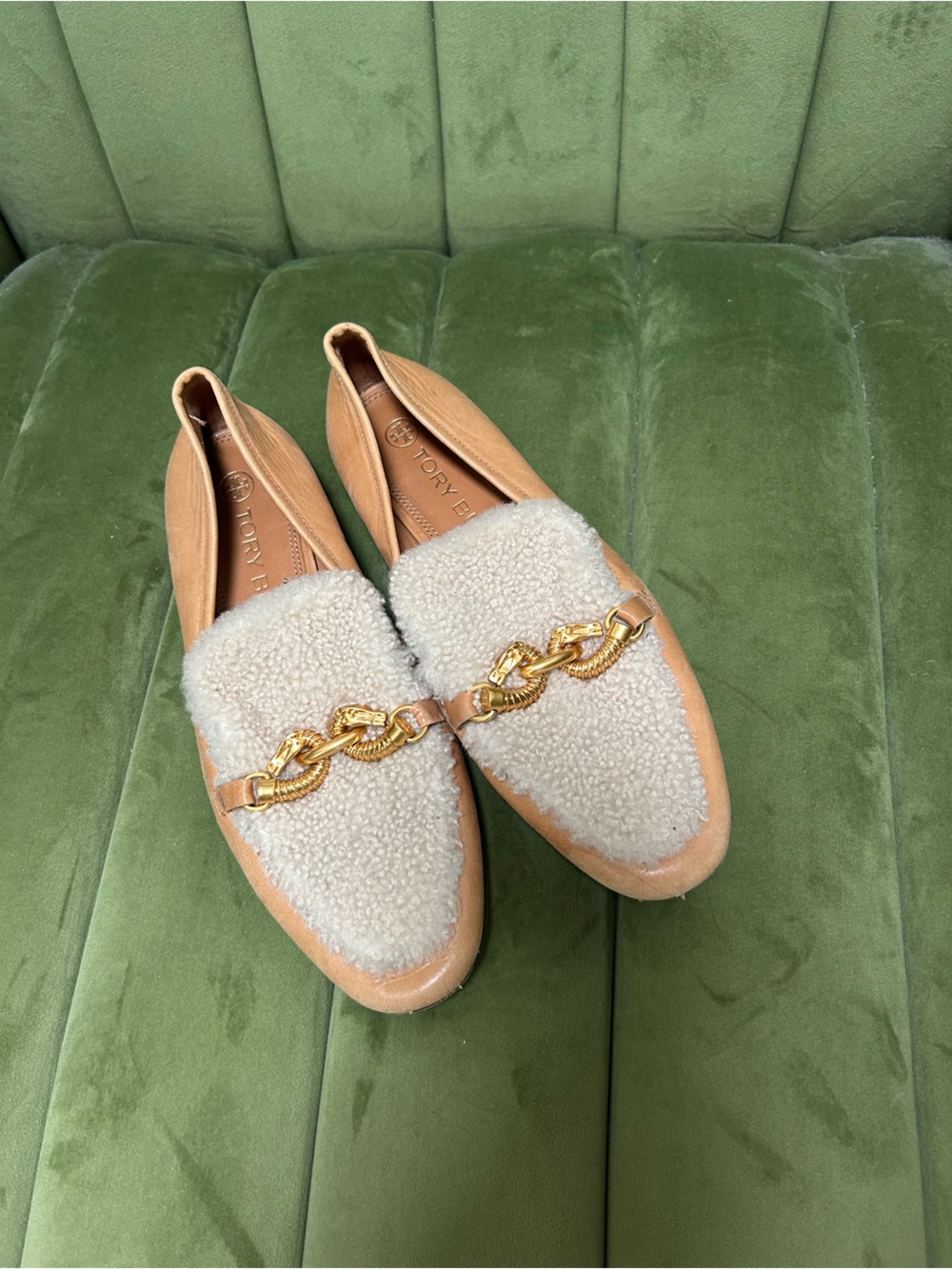 Tory Burch Cream Shearling & Tan Leather Chain Loafers